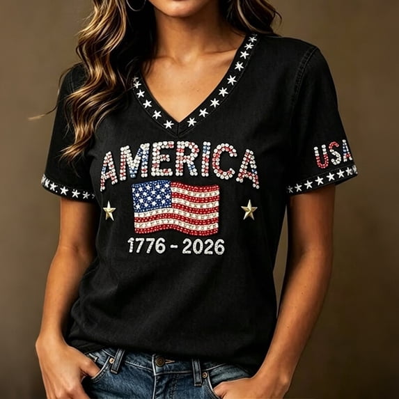 LINGLANG Fourth of July Shirts for Women, Patriotic American Flag V Neck T Shirt Summer Casual July 4th USA 250th Anniversary Graphic Tee Tops
