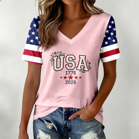 LINGLANG Fourth of July Shirts for Women, Patriotic American Flag V Neck T Shirt Summer Casual July 4th USA 250th Anniversary Graphic Tee Tops