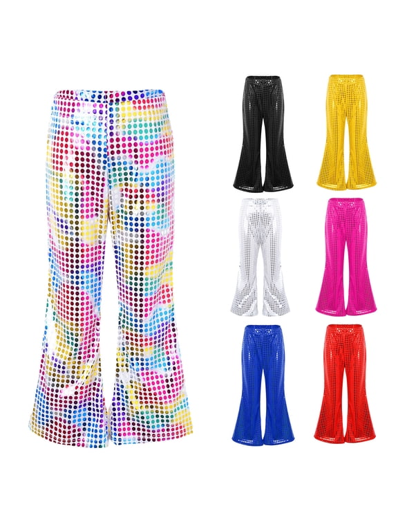 Girls Polka Dot Sequin Flare Pants Shiny Bell Bottom Trousers Sparkly Party Performance Carnival Leggings for Kids Toddler