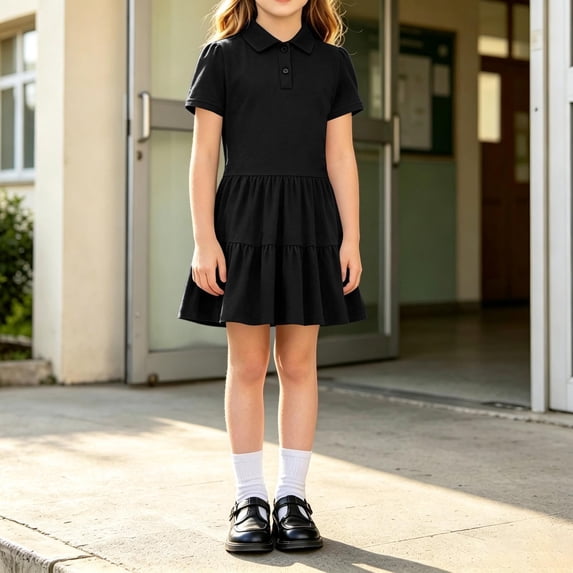 Short Ruffle Skrit LINGLANG Girls Tiered Polo Dress Solid Short Puff Sleeves Collared ...