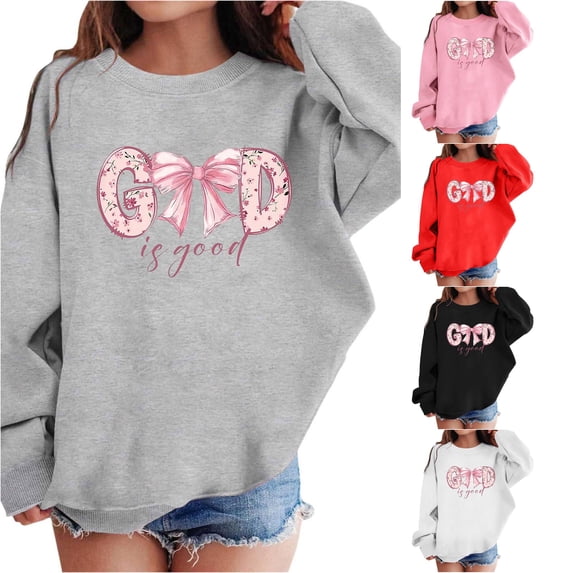LINGLANG God Is Good Christian Sweatshirts for Girls Bow Jesus Cute Bible Verse Sweatshirt Faith Religious Graphic Hoodies