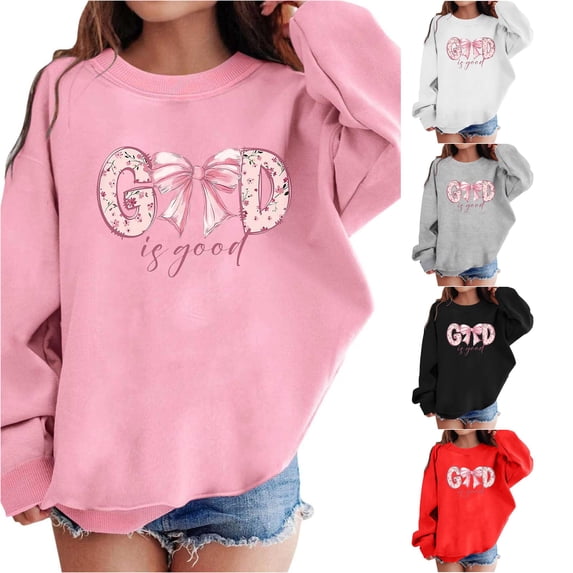 LINGLANG God Is Good Christian Sweatshirts for Girls Bow Jesus Cute Bible Verse Sweatshirt Faith Religious Graphic Hoodies