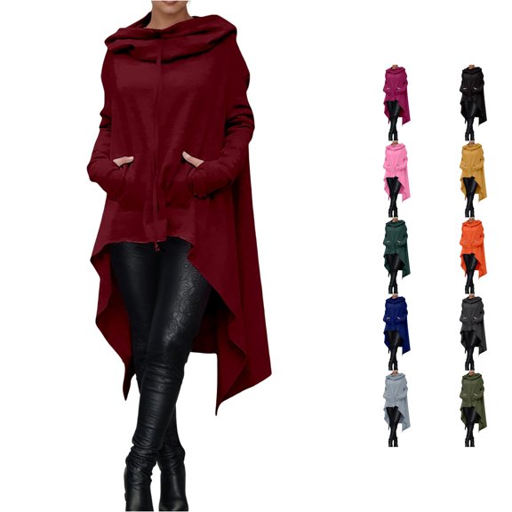 LINGLANG Goth High Low Hoodie Asymmetrical Hem Long Sleeve Drop Shoulder Hoodies Cowl Neck Tunic Sweatshirt with Pocket