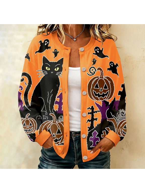 Halloween Cardigan Sweater for Women Black Cat Ghost Pumpkin Print Knit Jacket Button Front Long Sleeve Top Spooky Fall Outerwear