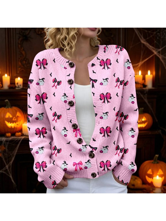 Halloween Cardigan Sweater for Women Ghost Bow Bat Print Knit Jacket Button Front Long Sleeve Top Cute Gothic Fashion Outerwear