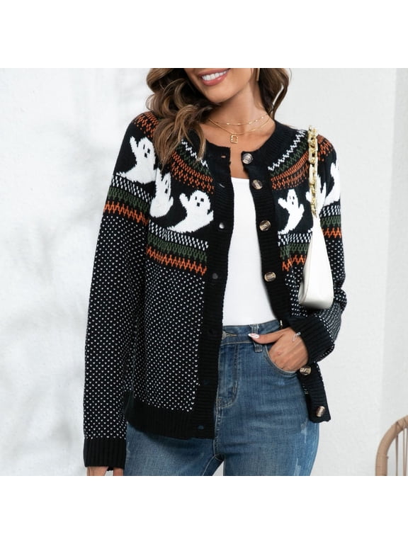 Halloween Cardigan Sweater for Women Ghost Fair Isle Knit Jacket Button Front Long Sleeve Top Cute Spooky Fall Fashion Outerwear