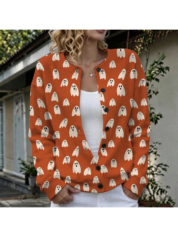 Halloween Cardigan Sweater for Women Ghost Print Knit Jacket Button Front Long Sleeve Top Cute Spooky Fall Fashion Outerwear