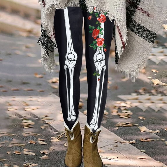LINGLANG Halloween Leggings for WomenSkeleton Bone Rose Print Yoga Pants High Waisted Full Length Tights Stretchy Workout Bottoms
