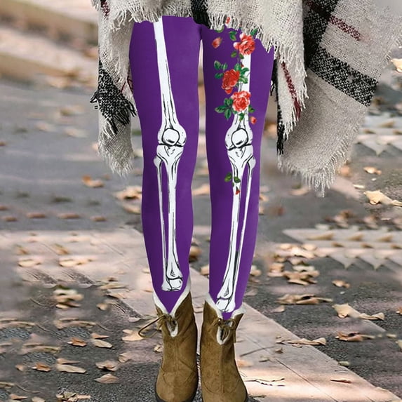 LINGLANG Halloween Leggings for WomenSkeleton Bone Rose Print Yoga Pants High Waisted Full Length Tights Stretchy Workout Bottoms