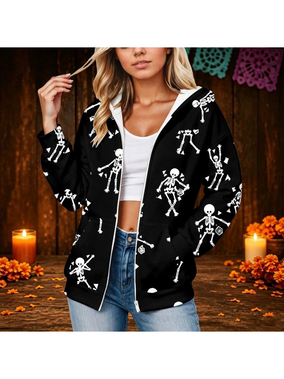 Halloween Womens Hoodie Skeleton Print Full Zip Long Sleeve Sweatshirt Front Pockets Drop Shoulder Ribbed Casual Jacket