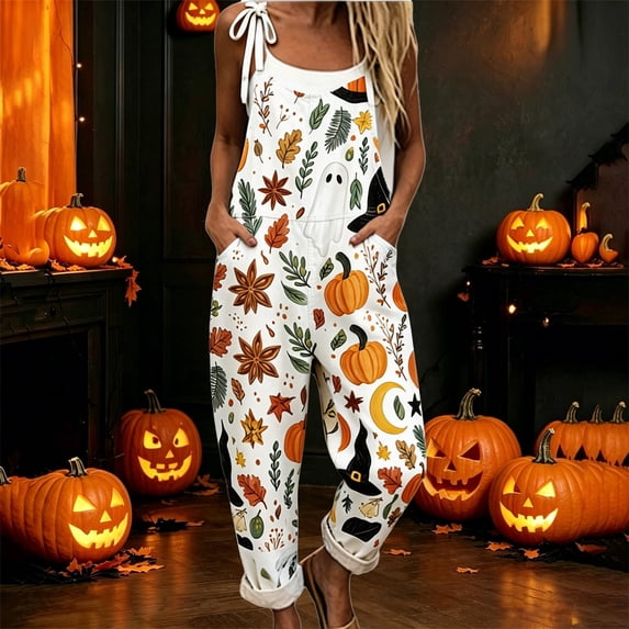 LINGLANG Halloween Womens Jumpsuit Ghost Pumpkin Print Sleeveless Overalls Tie Shoulder Straps Scoop Neck Loose Cuffed Leg Outfit