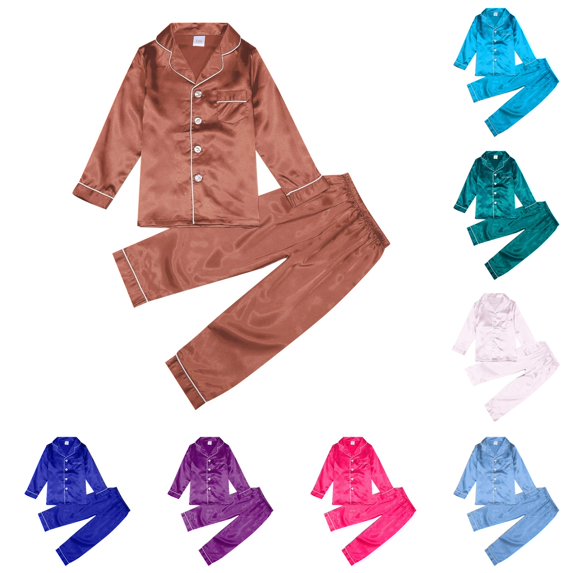 LINGLANG Kids Satin Pajamas Set Toddler Boys Girls Silky Sleepwear Two-Piece Loungewear Button Down Pjs