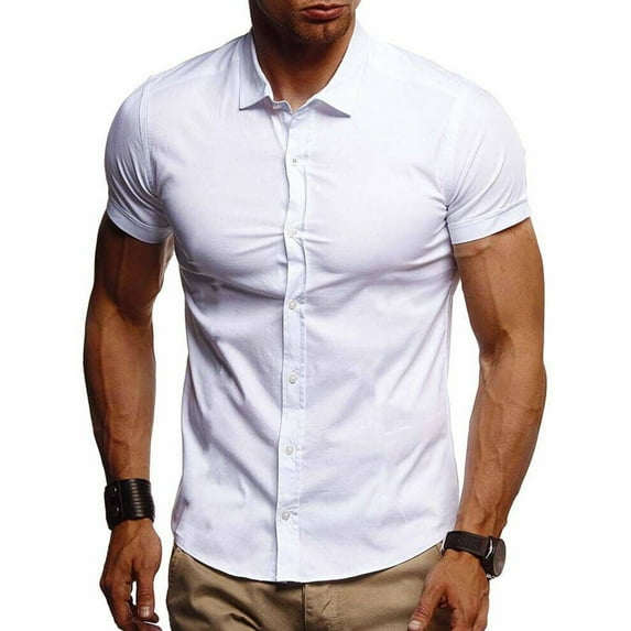 LINGLANG Men's Business Casual Shirt Solid Color Short Sleeve Turn-Down Collar Formal Blouse