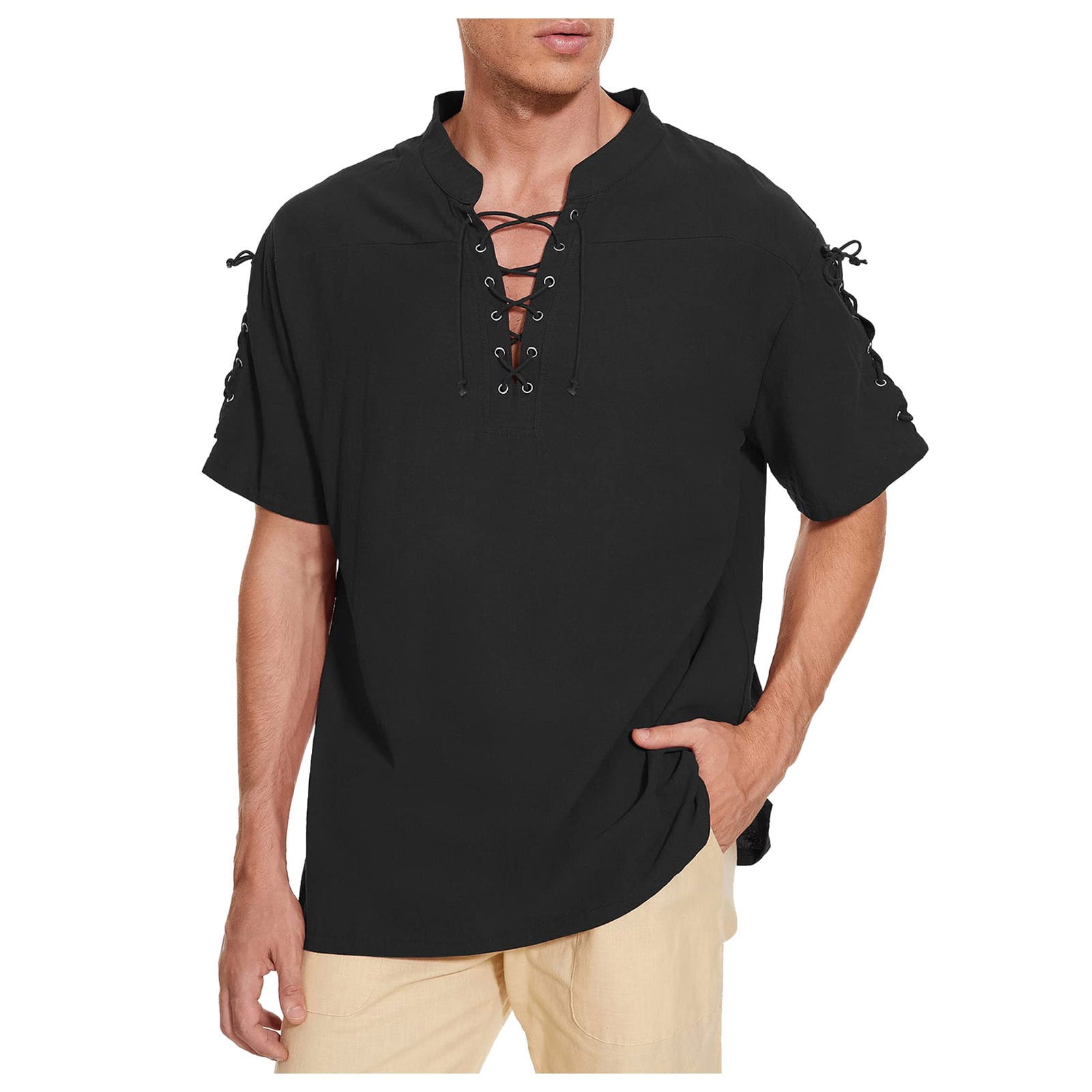 LINGLANG Men's Lace-Up Hippie Beach Shirt V-Neck Yoga Top Lightweight ...