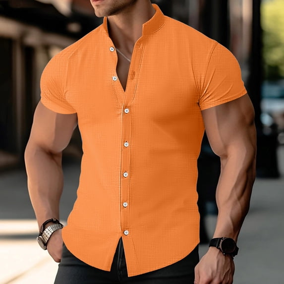 LINGLANG Men's Muscle Fit Stand Collar Shirt Summer Lightweight Solid Color Athletic Dress Shirt for Gym & Daily