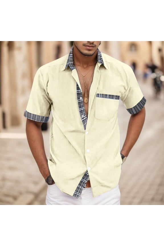 Men's Plaid Patchwork Shirt Fashion Business Casual Regular Fit Non-Iron Button Down Pocket Top