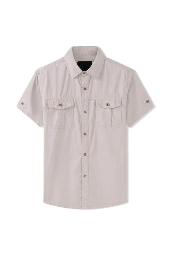Men's Rugged Workwear Cargo Shirt All-Cotton Durable Loose Fit Short Sleeve Heavy Duty Utility Top