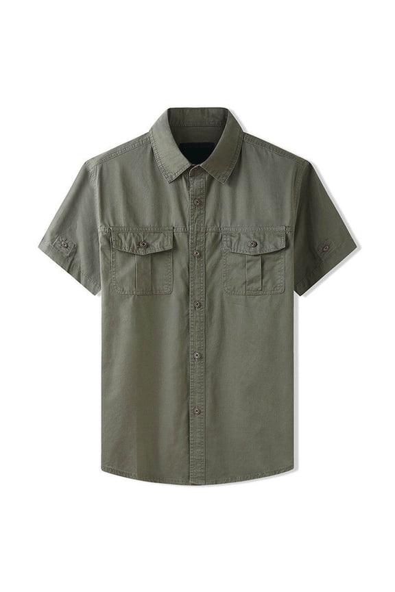 Men's Rugged Workwear Cargo Shirt All-Cotton Durable Loose Fit Short Sleeve Heavy Duty Utility Top