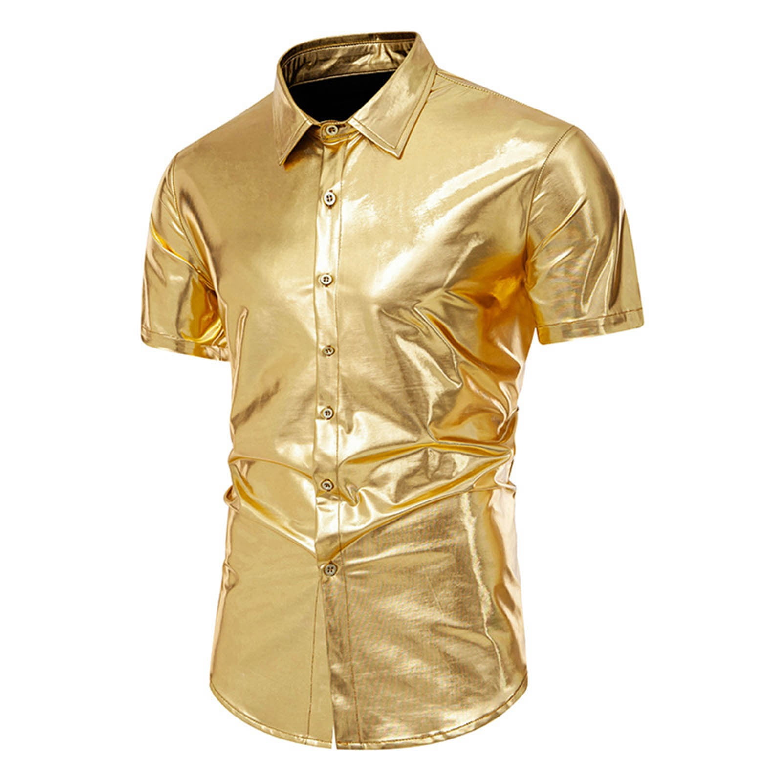 LINGLANG Men's Shiny Metallic Party Shirt Nightclub Disco Performance ...