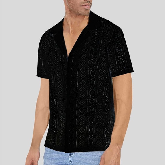LINGLANG Men's Transparent Lace Shirt Short Sleeve Loose Fit Summer Casual Fashion Blouse