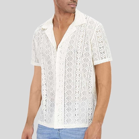 LINGLANG Men's Transparent Lace Shirt Short Sleeve Loose Fit Summer Casual Fashion Blouse