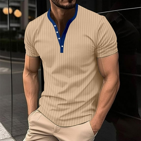 LINGLANG Men's V-Neck Ribbed Knit Shirt Fashion Casual Button Down Solid Color Short Sleeve Holiday T-Shirt