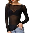 thumbnail image 1 of LINGLANG Mesh Tops for Women Long Sleeve Neck Fitted Top Bodycon Clubwear Sheer Pure Mesh Tops T Shirts, 1 of 3