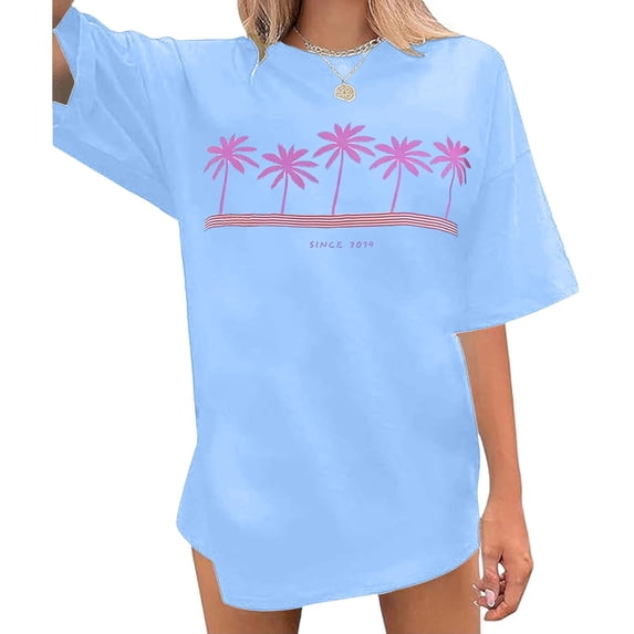 LINGLANG Oversized Tshirts for Women Vacation Style Beach Graphic Print Tee Loose Fit Crewneck Summer Tops Casual Relaxed Shirt for Ladies & Girls
