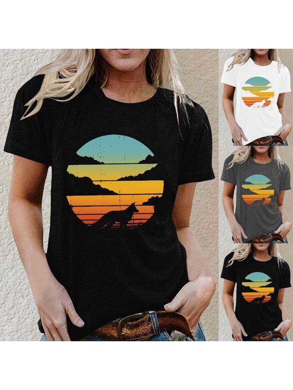 Oversized Tshirts for Women Sunset Wolf Graphic Print Summer Tops Round Neck Short Sleeve Tees