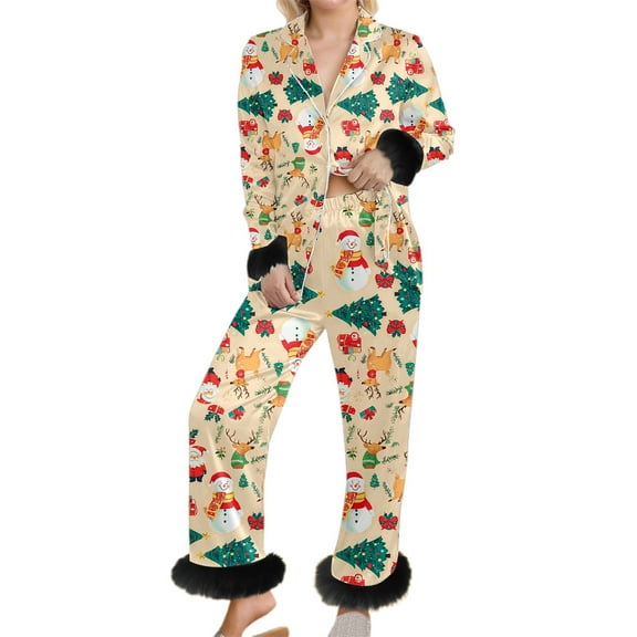 LINGLANG Pajamas For Women Set Christmas 2 Piece Home Wear Xmas Print Pjs Sleepwear Loungewear Nightwear Nightclothes Homewear