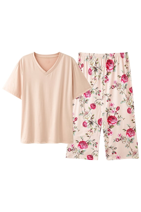 Plus Size Pajama Set for Women Short Sleeve Button Up Pjs Set Soft Sleepwear Loose Top and Cropped Capri Pants Loungewear 2pc