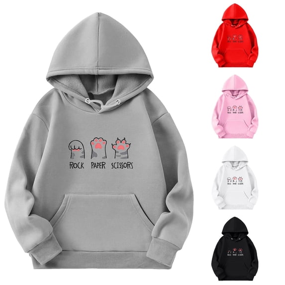 LINGLANG Rock Paper Scissors Hoodies for Girls Cats Paw Graphic Oversized Sweatshirt Long Sleeve Preppy Clothes