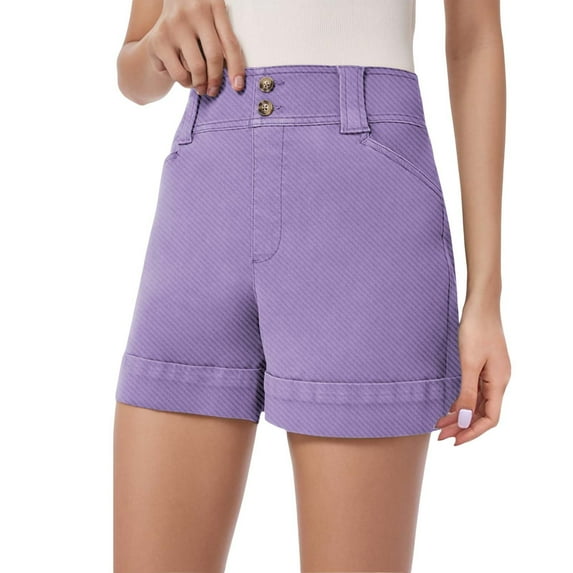 LINGLANG Women Stretch Twill Shorts Summer Stretchy Jean Shorts Casual Chino Shorts High Waist Denim Shorts Cuffed Hem Utility Cargo Pocket Shorts