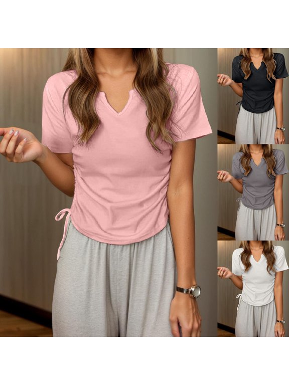 Women's Basic Side Drawstring T-Shirt Solid Color V-Neck Slim Fit Ruched Summer Top Casual Adjustable Hem Tee Shirt