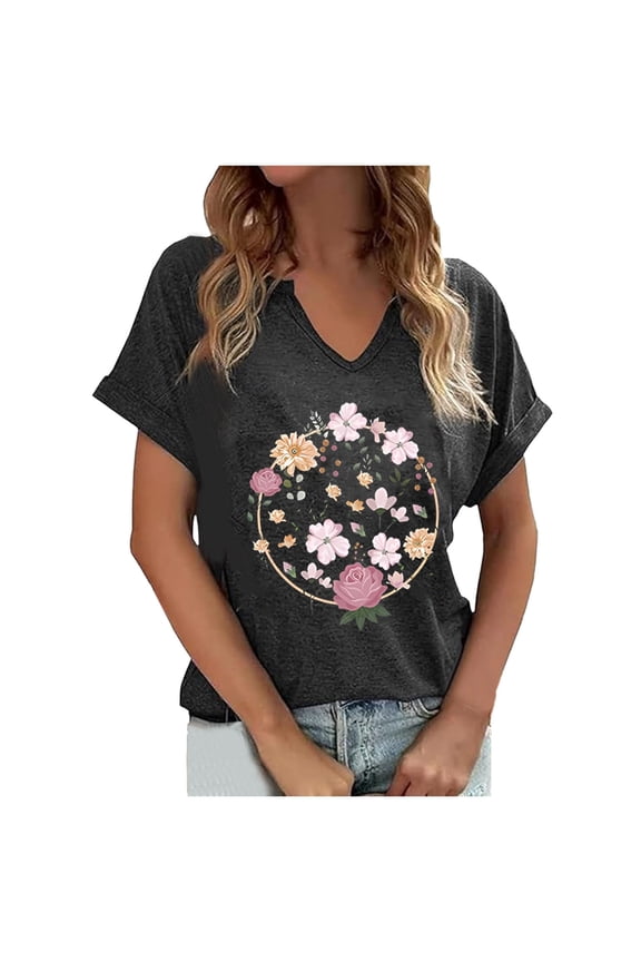 Women's Boho Wildflower Graphic T-Shirt Summer Casual Floral Printed V Neck Short Sleeve Tee Bohemian Fashion Blouse Shirt Tops