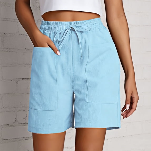 LINGLANG Women's Casual Drawstring Shorts with Large Pockets, Lightweight Comfort Stretch Fabric Summer Shorts, Solid Color Everyday Short Pants