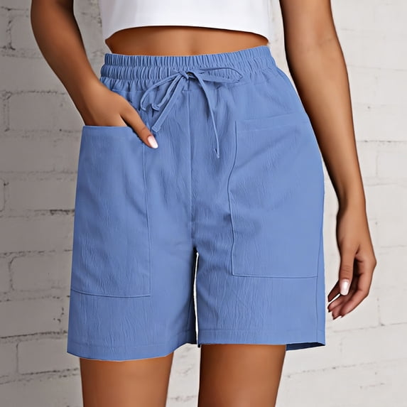 LINGLANG Women's Casual Drawstring Shorts with Large Pockets, Lightweight Comfort Stretch Fabric Summer Shorts, Solid Color Everyday Short Pants