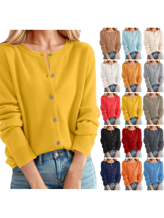 Women's Classic Button Down Cardigan Sweater Crewneck Long Sleeve Knit Outerwear Soft Casual Solid Color Lightweight Layering Coat for Fall