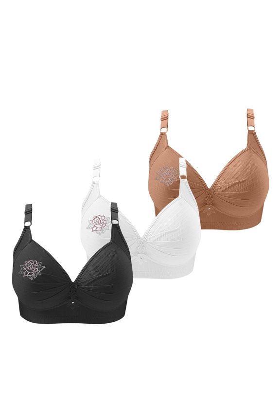 Women’s Comfort Support Bra Set Floral Print Soft Bra with Triple Hook Closure Breathable Everyday Underwear (3 Pack)