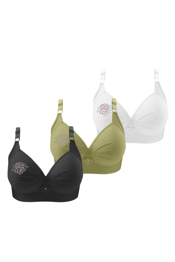 Women’s Comfort Support Bra Set Floral Print Soft Bra with Triple Hook Closure Breathable Everyday Underwear (3 Pack)