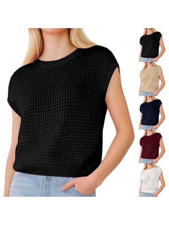 Women's Crewneck Hollow Out Knit Sweater Summer Sun Protection Crochet Mesh Cover Up Lightweight Pullover Shrug Tops