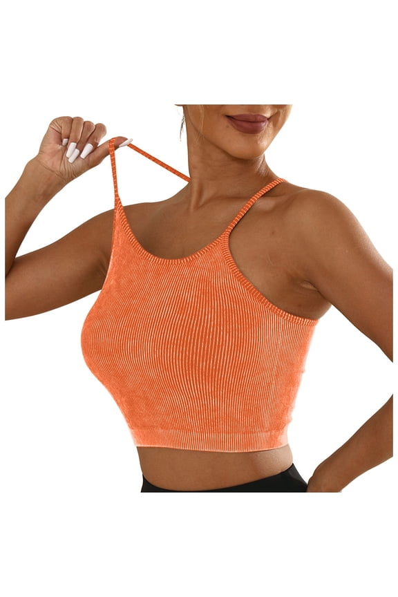 LINGLANG Women's Crisscross Back Sports Bra Washed Cotton Seamless Yoga Bra Padded High Impact Fitness Workout Gym Running Crop Top Tank