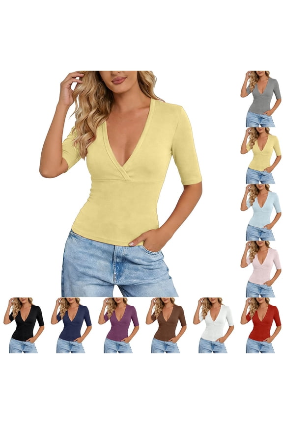Women's Crisscross V-Neck T-Shirt Short Sleeve Slim Fit Wrap Top Stretchy Midriff-Baring Shirt Summer Casual Tight Fitting Tee for Ladies