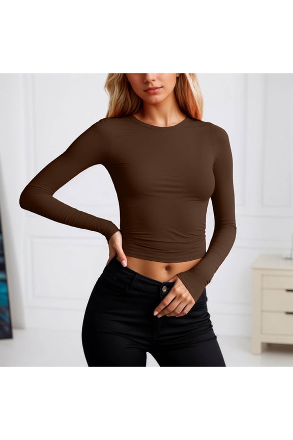 Women’s Euro Style Long Sleeve Crewneck T Shirt Slim Fit Milk Silk Base Layer Top for Fall under $5