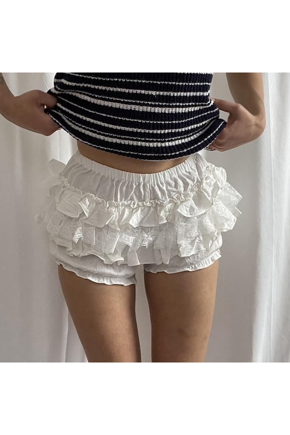 Women's Fashion Casual Solid Color Cake Lace White Short Shorts Multi-Layer Ruffle Hem Party Wear Sweet Style Summer Mini Shorts