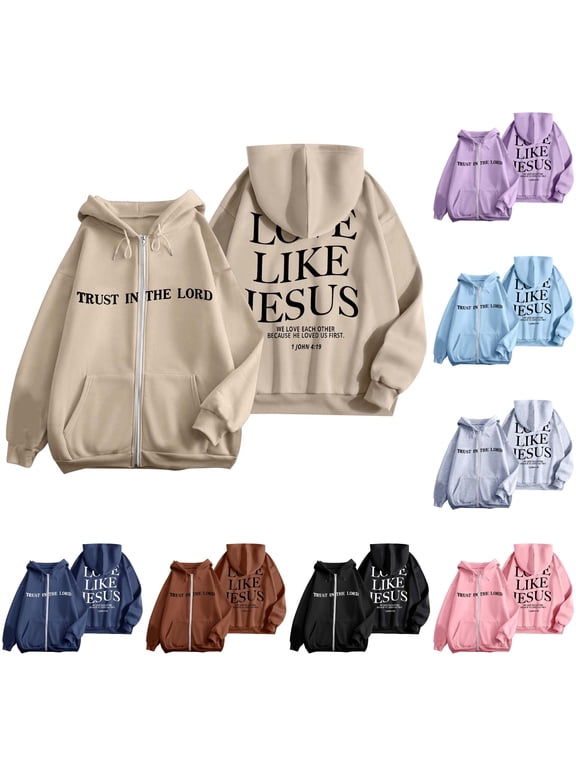 Women's Fleece Zip Up Hoodie Love Like Jesus Letter Print Warm Thermal Long Sleeve Sweatshirt Jacket Outerwear Tops Pocket