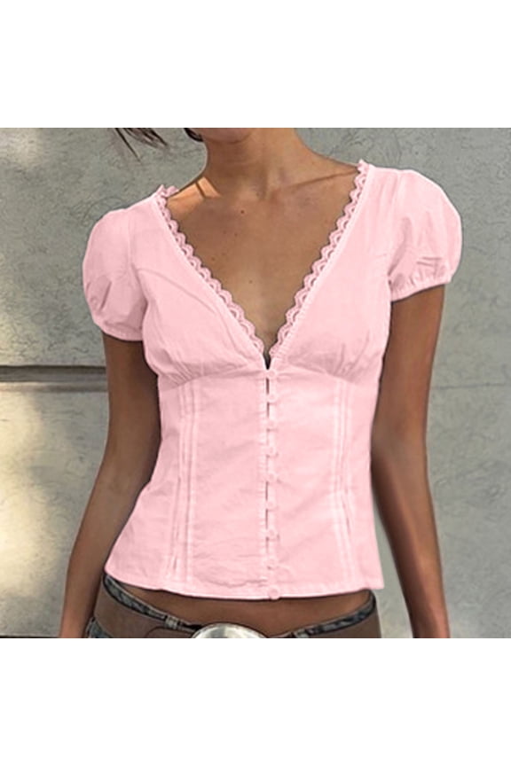 Women's French Lace White Blouse V-Neck Ruffle Button Down Professional Shirt Slim Fit Short Sleeve Designer Tops