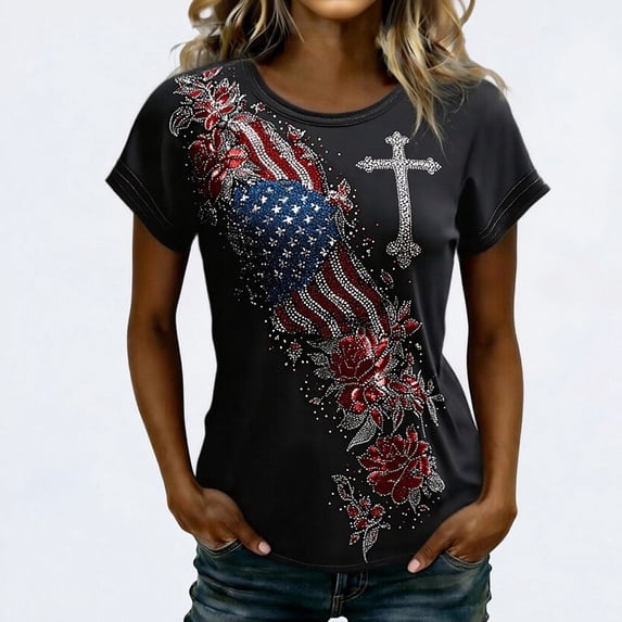 LINGLANG Women's Glitter Patriotic T-Shirt for Independence Day July 4th Sparkly Graphic Top USA Flag Spirit Short Sleeve Tee for Ladies Summer Fashion