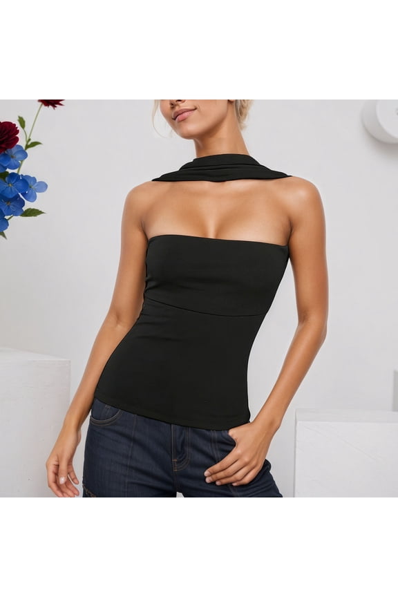 Women’s Halter Neck Tube Tank Top Solid Color Strapless Sleeveless Fashion Tee under $5
