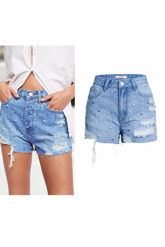 Women's High Waisted Jeans Solid Color Pearl Studded Bead Hot Drill Detail Denim Shorts Fashionable Edgy Party Clubwear Summer Jean Pants